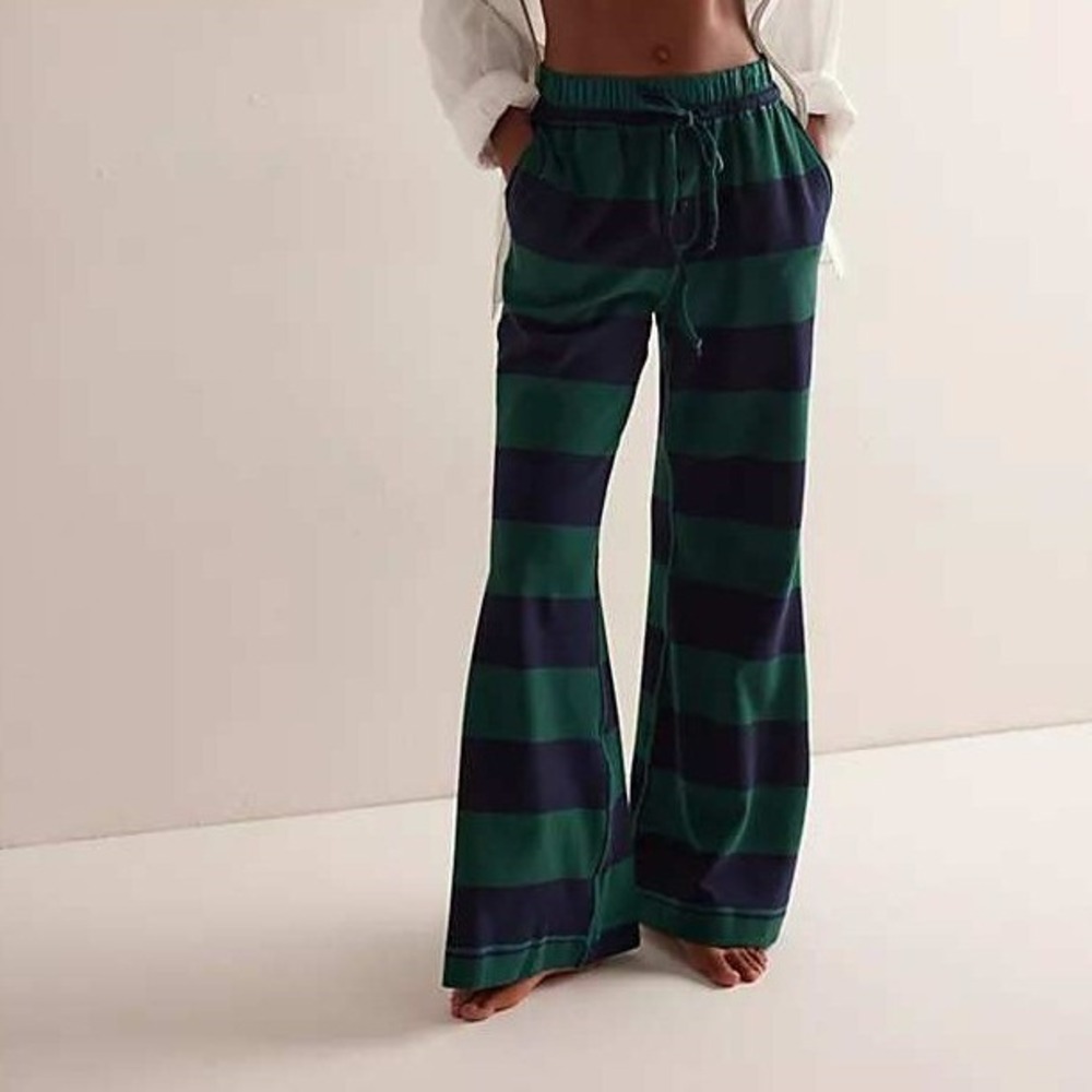 Free People Intimately You Wish Flare Stripe Pants Green Navy Lounge Size Small